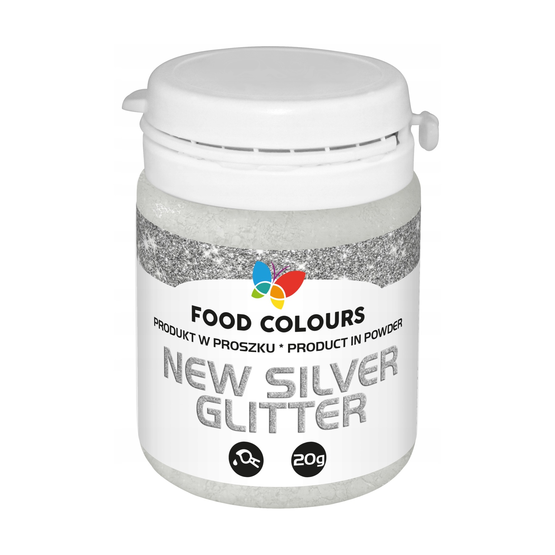Srebrny brokat spożywczy Silver Glitter 20g do tortów Food Colours